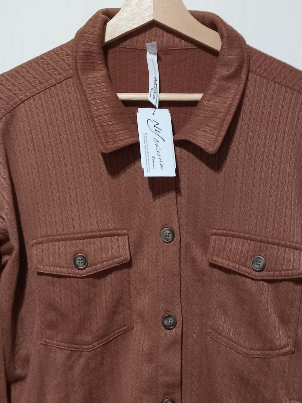 NY Collection Rust Brown Ribbed Button-Front Top with Chest Pockets - Picture 2 of 5